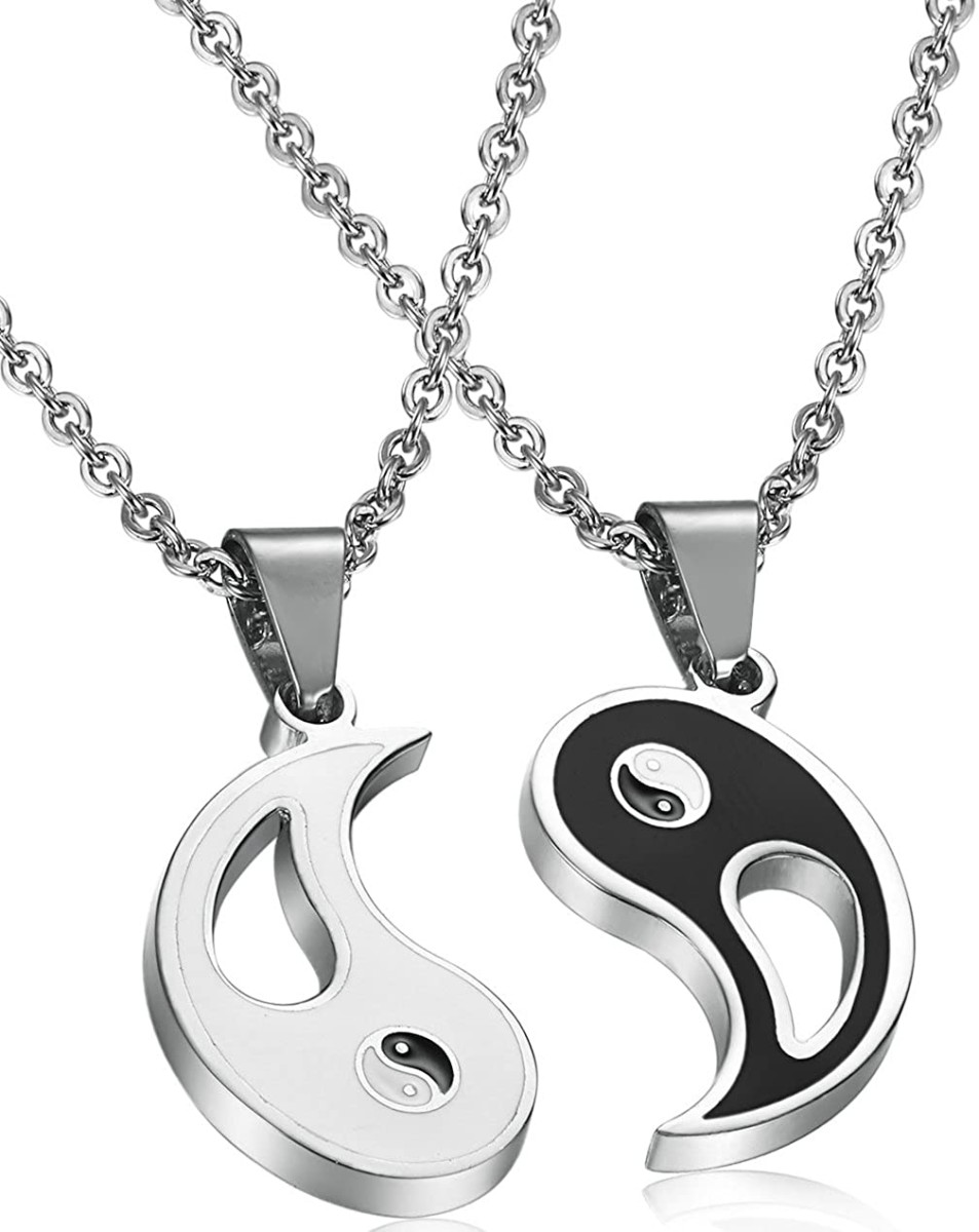 FIBO STEEL 2pcs Stainless Steel Yin Yang Pendant Necklace for Men Women Puzzle Couples Necklace,22 inches