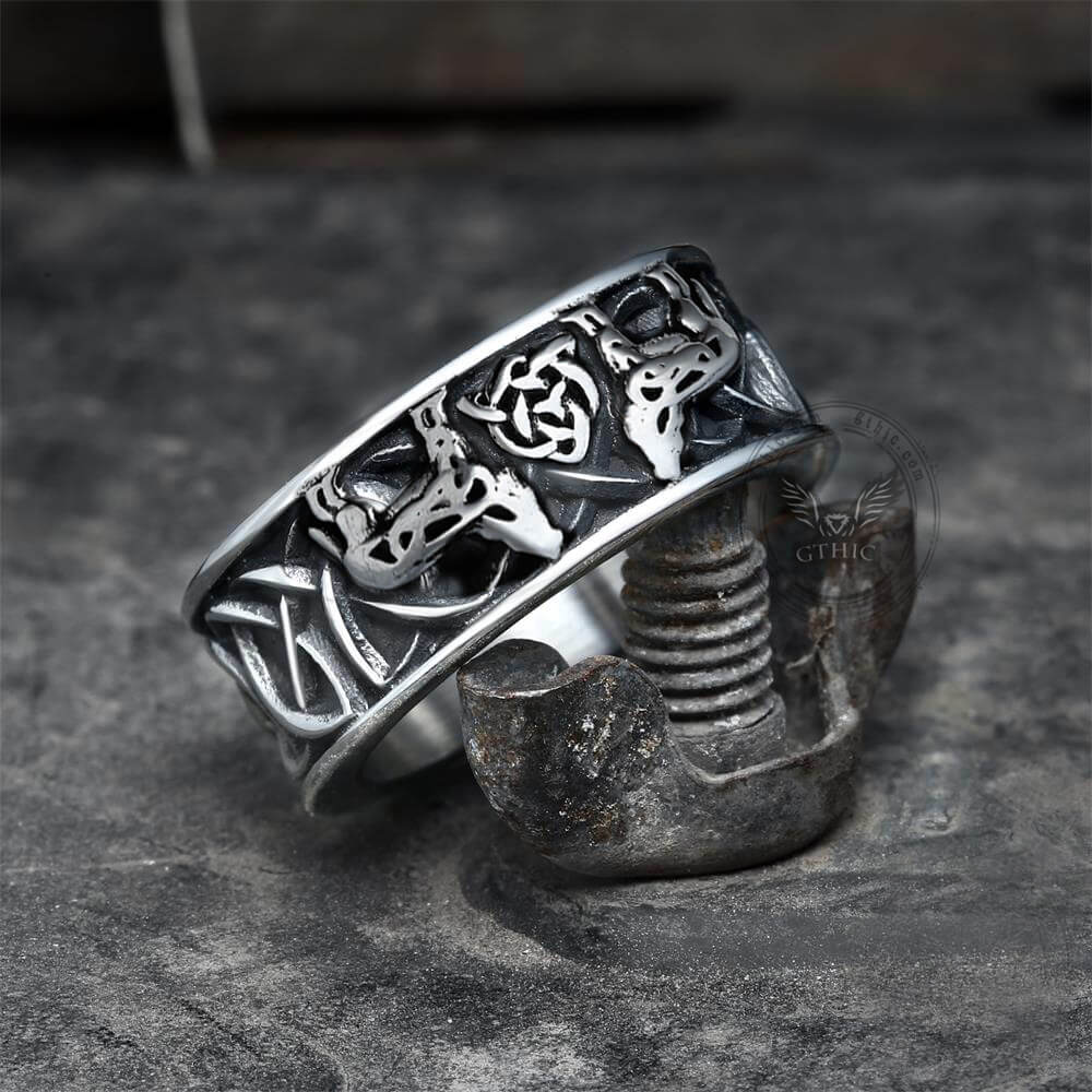 His & Hers Sterling Silver Celtic Wolf Ring Set, Blue Spinel Wedding Set,  Eternity Band Celtic Wolf Jewelry, Wolf Wedding Band Set 1267 1269